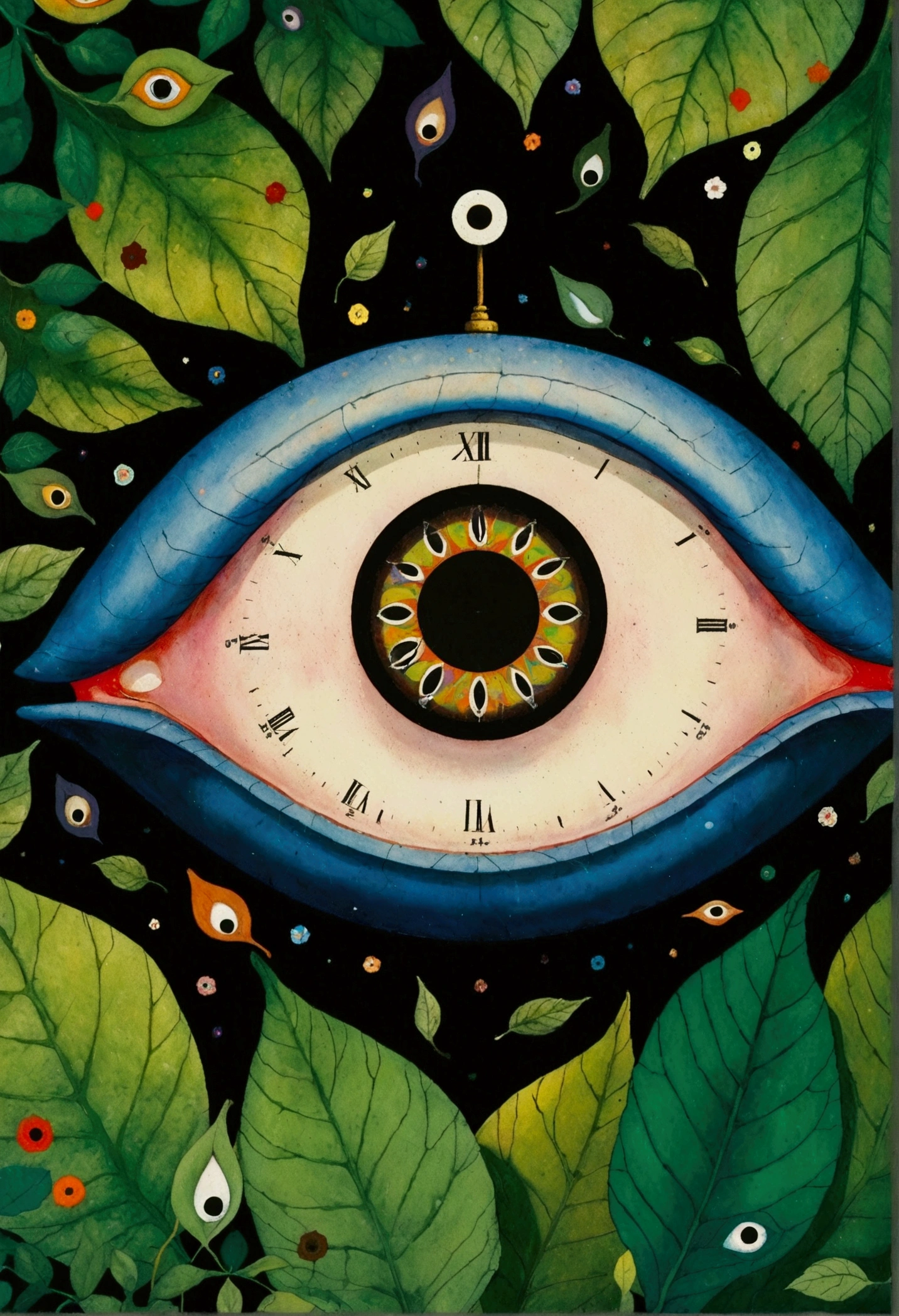 There is a clock，There is a big eye on it，Surrounded by leaves, Takashi Murakami&#39;s Surrealism, tumblr, Pop surrealism, passing of the times, Look for lost time, Portrait of a mysterious giant eye, Psychedelic illustration, passing of the times, Time warp illusion, Trapped in the torrent of time, Memories are trapped in eternity, retro Psychedelic illustration