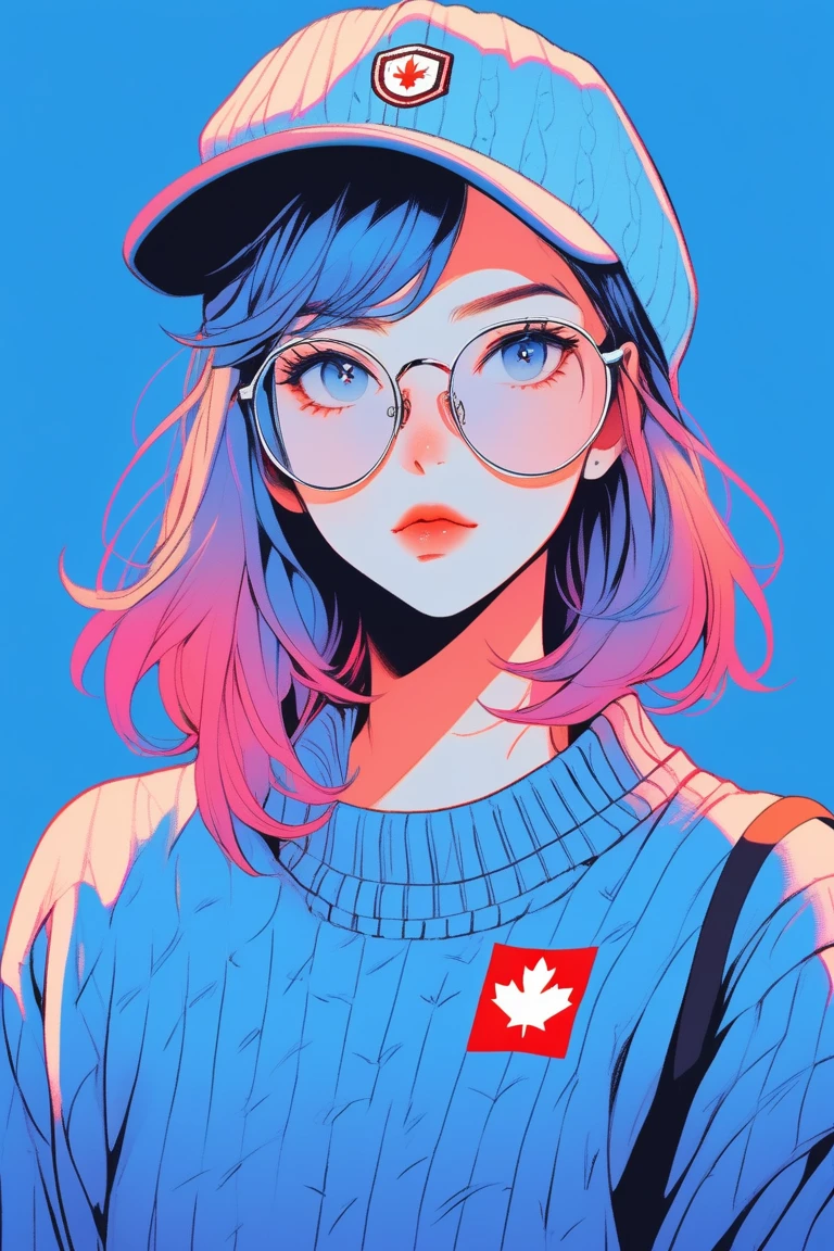 Illustrator, anime , Realistic ,sketch , 1 person, ,lip, sweater,order, Blue gradient background, Neon Hair,Texture Trim, Canadian, (masterpiece,Highest quality),Glasses、Golf practice