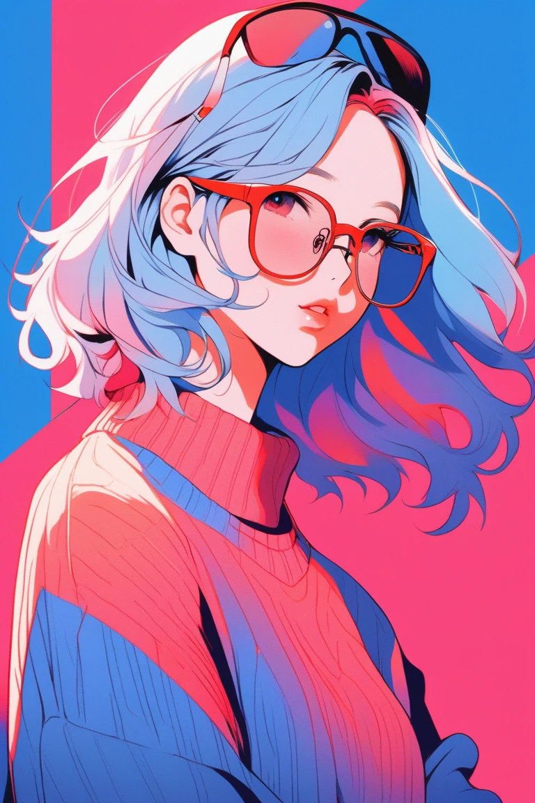 Illustrator, anime , Realistic ,sketch , 1 person, ,lip, sweater,order, Blue gradient background, Neon Hair,Texture Trim, Canadian, (masterpiece,Highest quality),Glasses、Golf practice