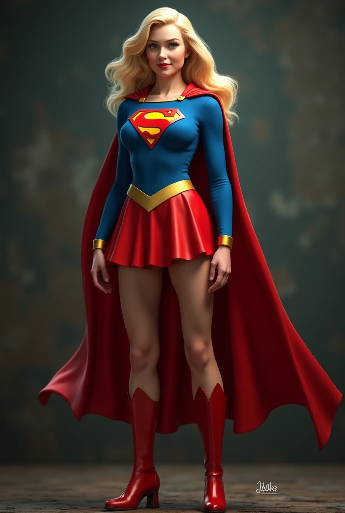 THE ORIGINAL 1950S SUPERGIRL WEARING A 1950'S SUPERGIRL COSTUME AND CAPE, HYPER REALISTIC.