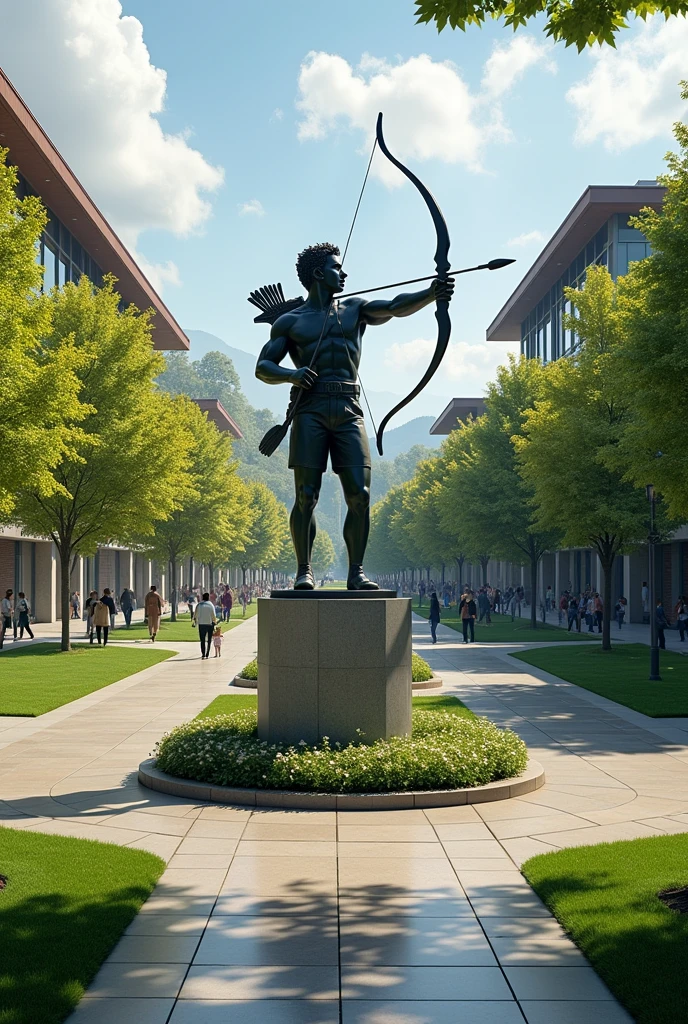 Creat a modern college campus,in this campus the middle of the road a statue of a man is standing having arrow and bow in his hand.