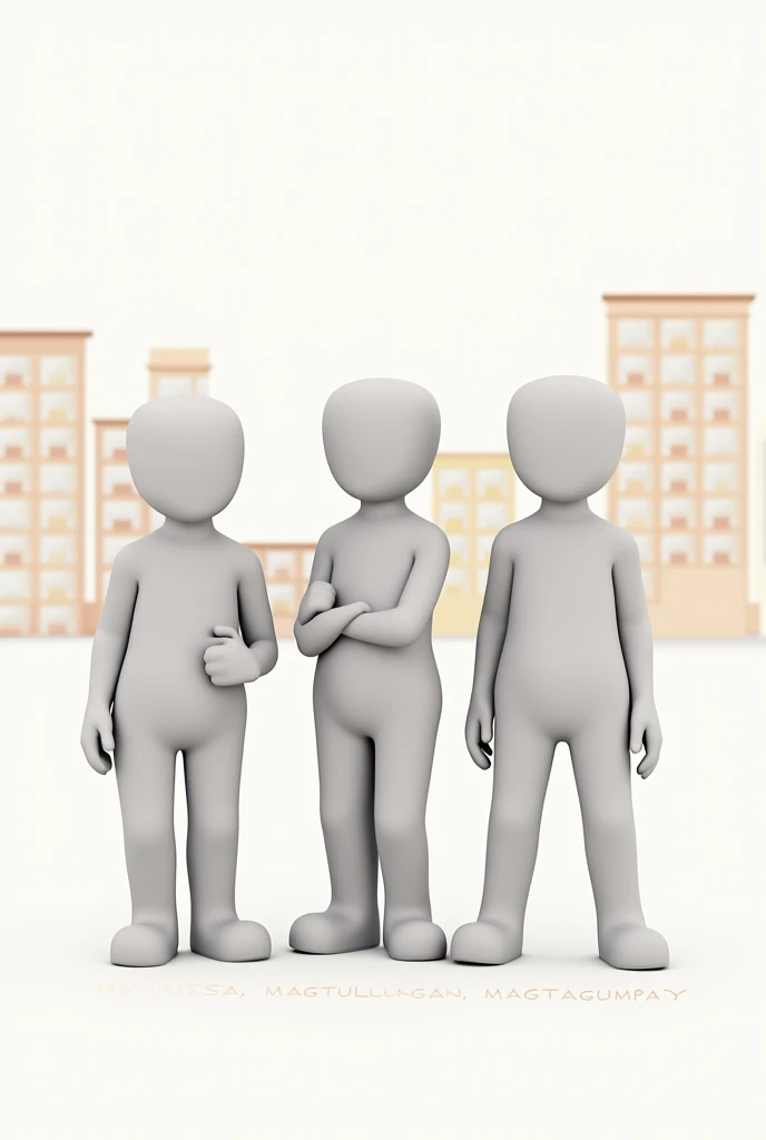 poster slogan for political society, principle of subsidiarity, principle of solidarity with 3 drawing person anonymous who is political, solidarity, subsidiarity with the caption of “Magkaisa, Magtulungan, Magtagumpay” a drawing one witha white and simple background with simple buildings