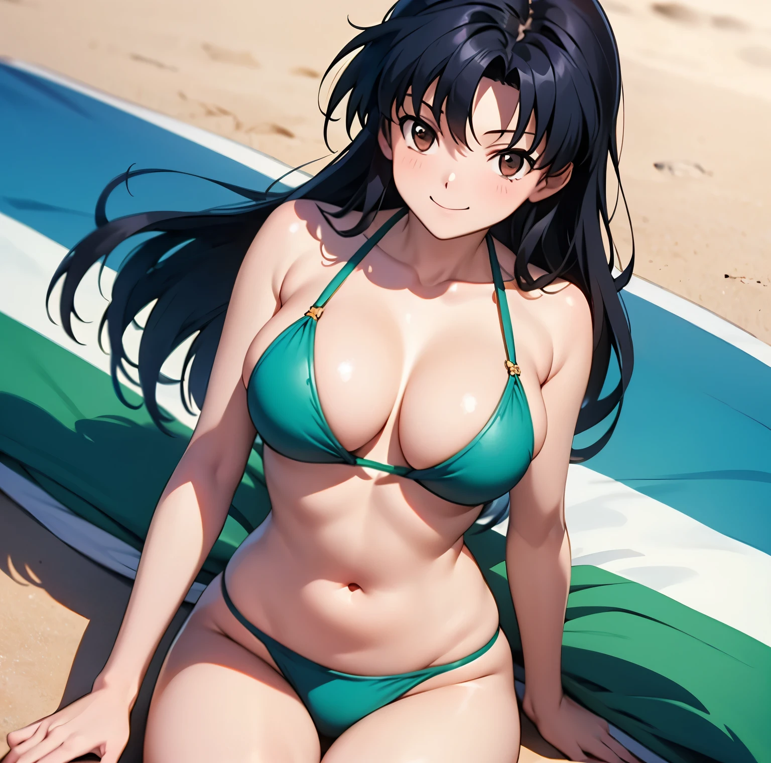 Kagome Higurashi, woman 2 black hair with blue highlights, Brown eyes,  smile, large breasts, green bikini background a sunny beach.