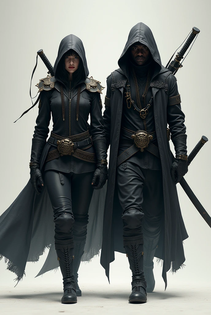 a male and female like ninja around age 20, female close her face, wearing tech cloak, slim body, female holding katana and male holding scythe. cyberpunk style. big name tag add text Mata Dragon on both of them, add Mata Dragon on cloak, female have bow on her back. both them walking toward camera.
add Mata Dragon text on their belt or cloak.