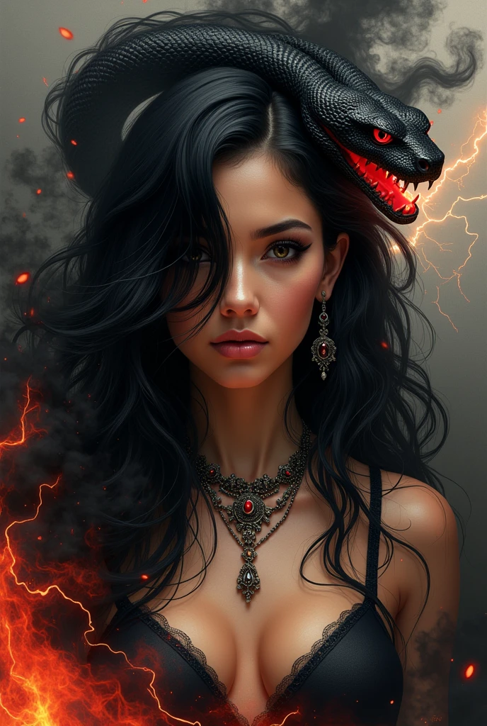 (Masterpiece artwork, top-quality, best qualityer, offcial art, beautiful and seductive aesthetics:1.2), Brazilian woman, (face covered by hair) cabelo blackw comprido (1woman:1.2), fly away, Extremely Detailed,(resumlistum:1.4, Fractal Art:1.3),(silver_hair:1.1), Destiny \( series\), blackw, More Detailed, fire, , lightning, (splash_art:1.2), jewelly:1.4, Hanfu, Scenario, blackw e prata, black snake with red eyes, black and red smoke background. Only shows one side of the face