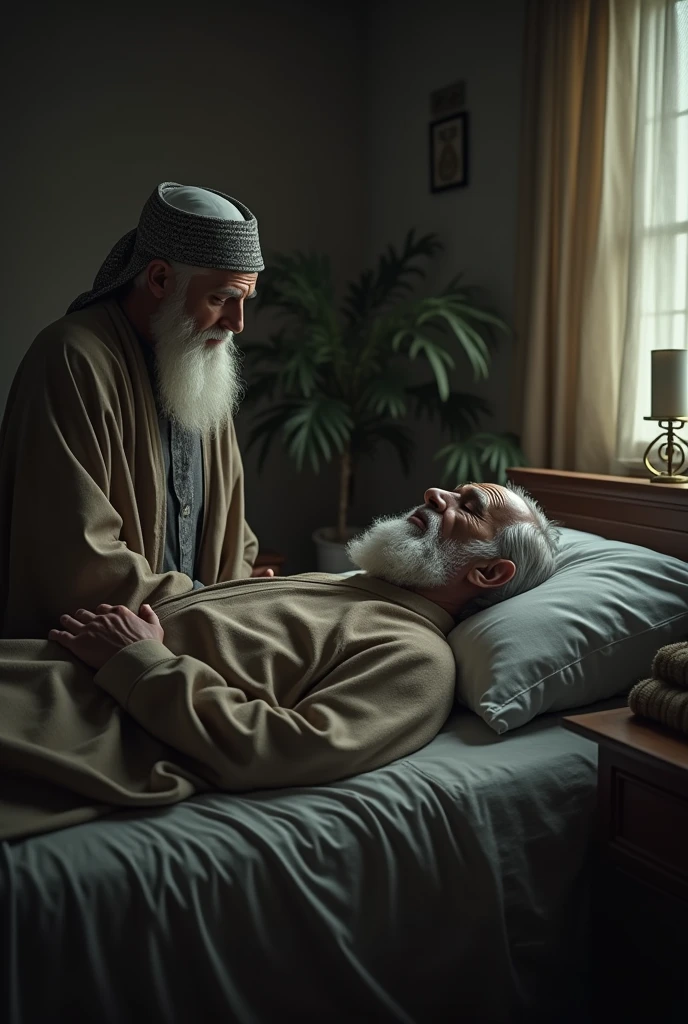 wise and rich old sick muslim father lies in bed, next to a son without a hat