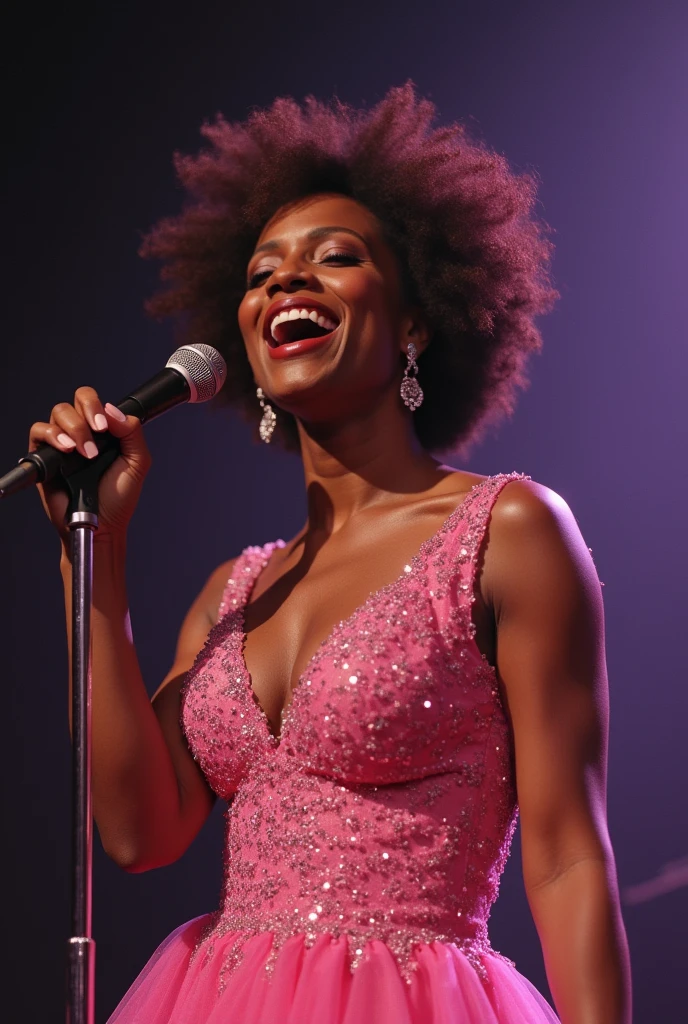 Young Whitney Houston, singing heartfully in a pink sparkly gown, make her beautiful and