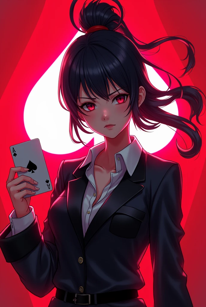 Can you make a realistic women fierce anime that is holding a spades card and is neon in shadow, put a white spades card in her background, and with red background.