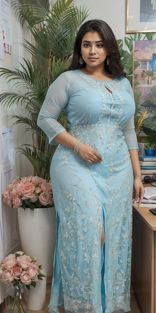 Day scene, A radiant, full-figured South Indian 3 aunty a light blue colour chiffon fully transparent kurta, bra visible through kurta, ,standing, in a office captured in a full-body image with vibrant hues and meticulous details. Full body image
