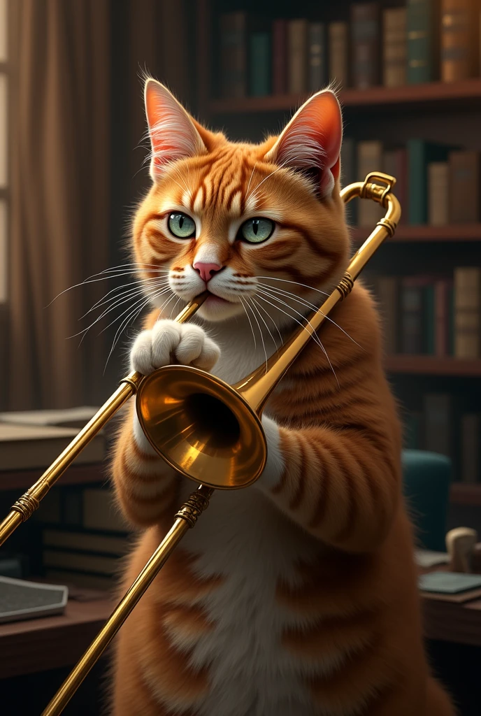 Draw a realistic cat playing a trombone