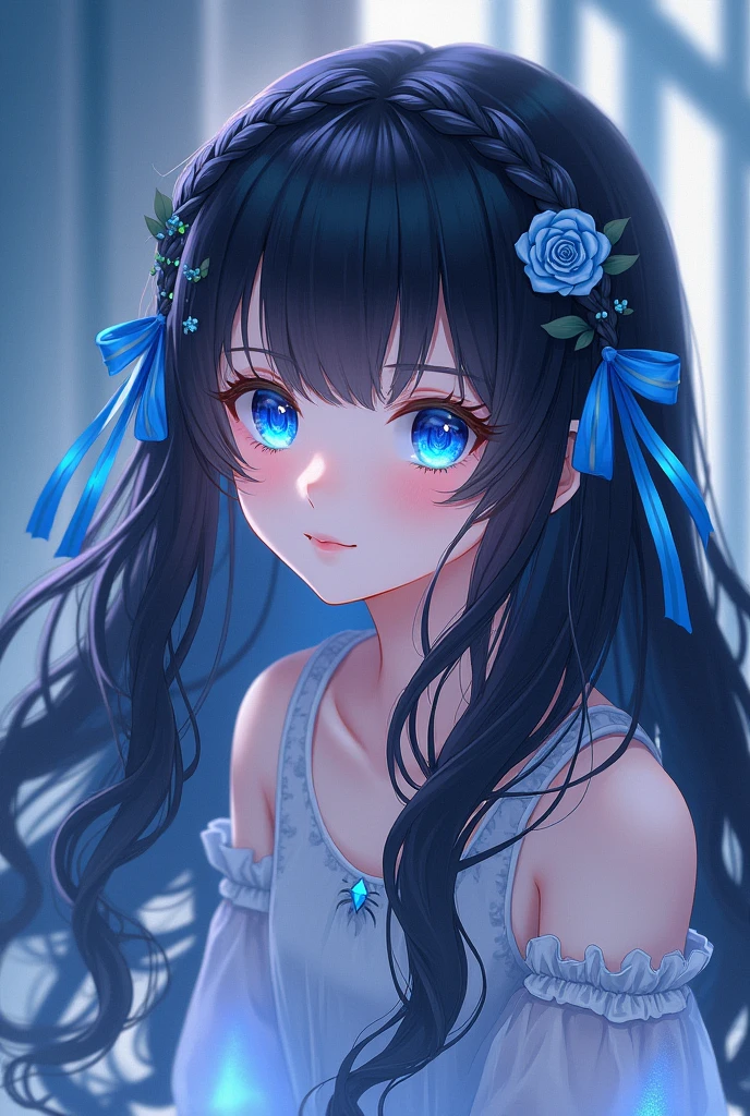 a young girl with long and fine wavy black hair, have a two-parted fringe with a hairstyle "short braid on both sides of the top and leave some of the hair down" with each sky blue ribbon and dark blue rose in the braid with the ribbon tails folded, has a blue ruby diamond pattern eye type like athanasia with californian coral gradation underneath has soft and smooth white skin (full body)