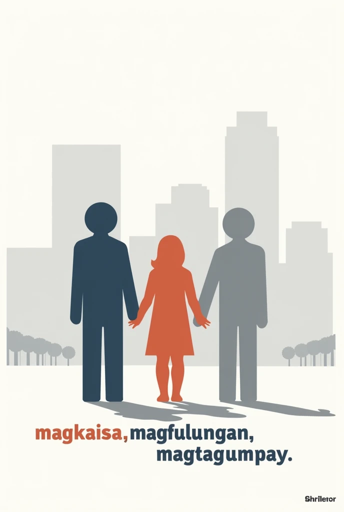 poster slogan for political society, principle of subsidiarity, principle of solidarity with 3 drawing person anonymous who is political, solidarity, subsidiarity with the caption of “Magkaisa, Magtulungan, Magtagumpay” a drawing one witha white and simple background with simple buildings