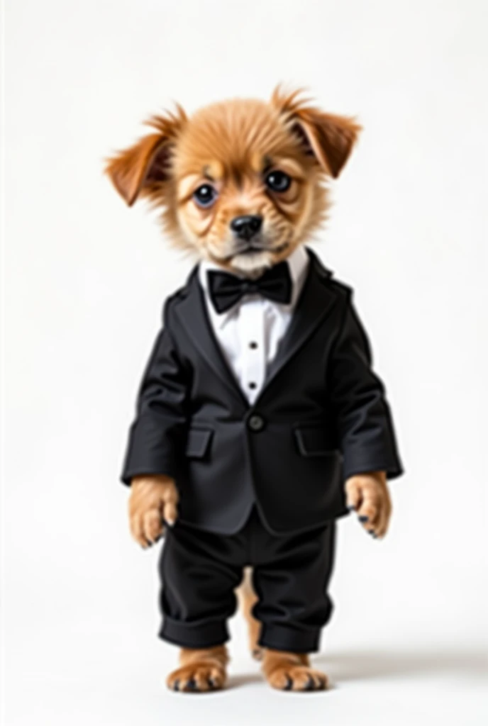 puppy in black tuxedo and black pants on white background