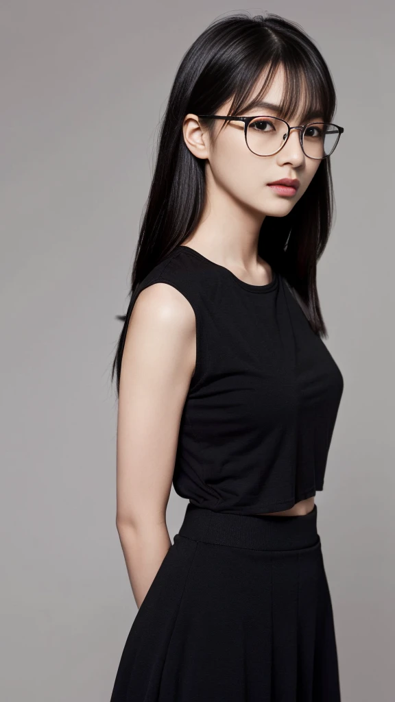 (Highest quality:1.5), (Real:1.4), (Ultra high definition:1.4), (No correction:1.4), (skinny Japanese woman with average size breasts standing front plain background in studio), (A woman wearing black-rimmed glasses), (Very small eyes), (breasts of average size), (Bangs that hide eyebrows), (Long black hair), (Dark personality expression), (Black T-shirt), (Black long skirt), (black hair woman is standing with black T-shirt and black long skirt front plain background in studio), (woman viewed from the front), (Plain background), (Cowboy Shot), (Cold expression), (upright), (A woman with long black hair and glasses)