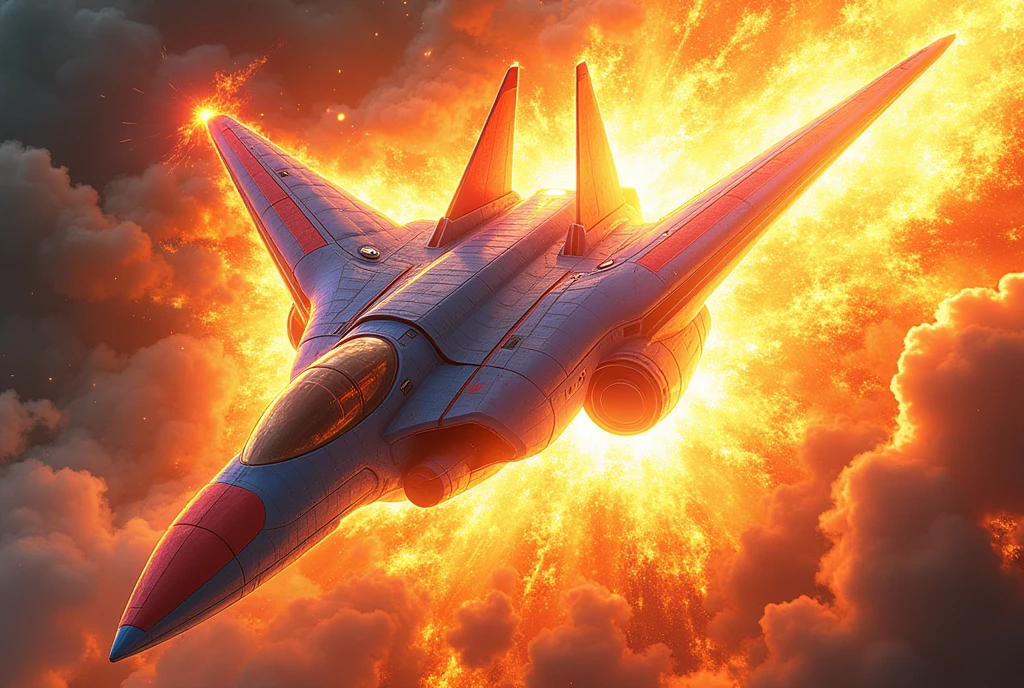 Super realistic illustration, Fantasy art, The Science Ninja Art Firebird, The large attack aircraft God Phoenix piloted by Science Ninja Team Gatchaman is painted with a blue base and nose and wingtips are painted with red. The Science Ninja Art Firebird is an attack technique in which God Phoenix increases its power output to the brink of criticality and flies at high speed with a subspace field deployed, causing the aircraft to become extremely hot due to frictional resistance caused by space distortion, causing an ion reaction that generates flames around the aircraft, making the entire aircraft look like a firebird.