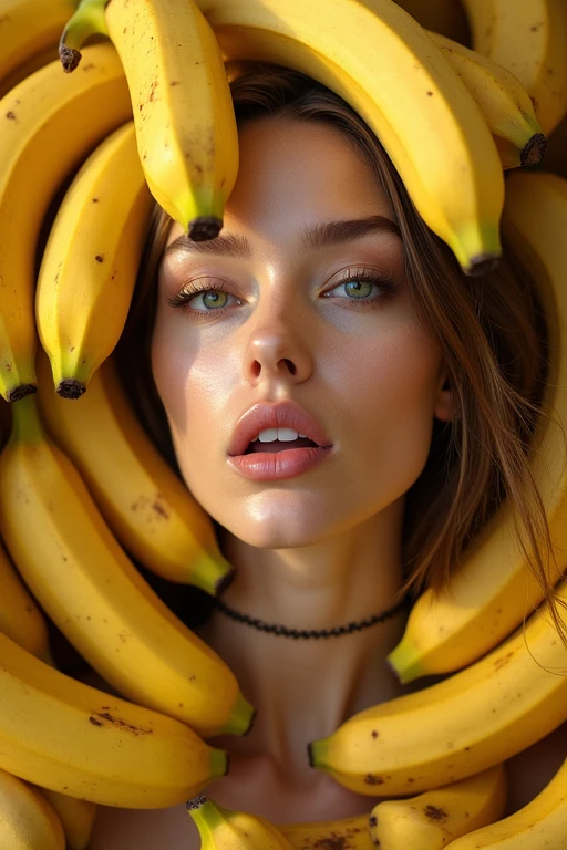 Real fruit banana、Covered from the head、Beautiful European woman with her mouth wide open。The background is full of bananas。9:In 16 sizes。With masterpieces of the highest quality