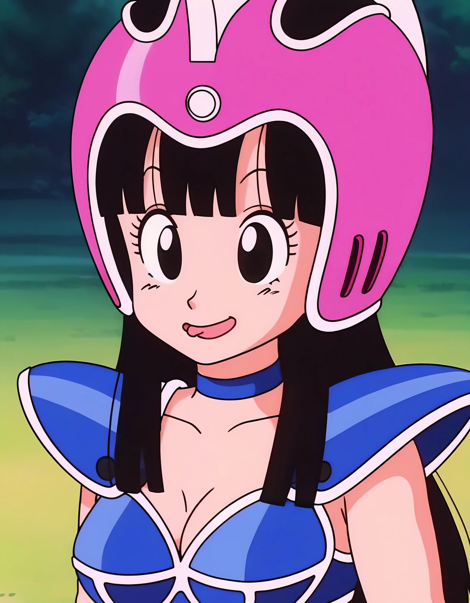 source_anime, score_9, score_8_up, score_7_up, anime screencap,8k, absurdres,
chi-chi, aged down, blue outfit, female , 1girl, long hair, smile, bangs, mouth spittle, heart eyes, black hair, collarbone, upper body, outdoors, pink headwear, blunt bangs, black eyes, helmet, shoulder armor, pauldrons, blue choker, medium ass, medium breasts, tits, tongue out, full body