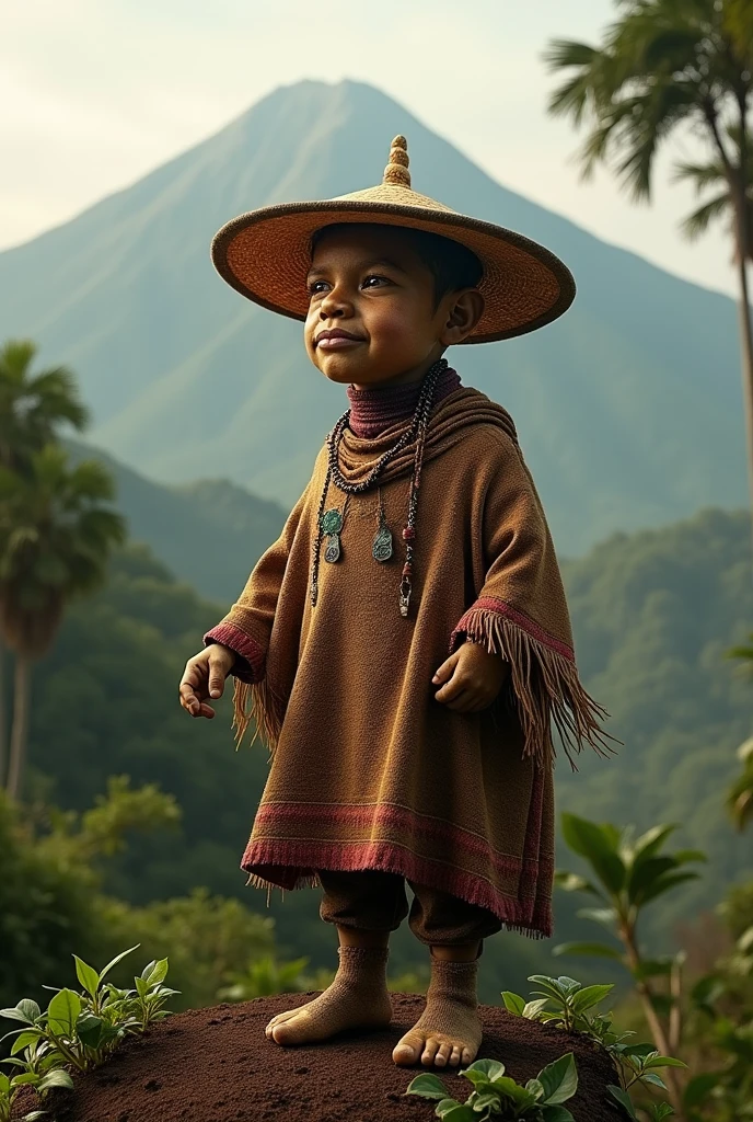 A coffee seed with a ruana and a vueltiao hat with a background half Montserrate and the other the Cocora Valley