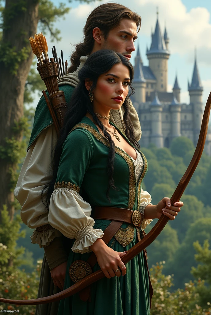 Beautiful 20 year old woman of Apache and English descent, ( very realistic ) Victorian era black hair, Cinnamon skin and green eyes, perfect face and a body with perfect curves. Dressed in a Robin Hood costume made of fur, in keeping with the Victorian era, with her bow and arrow, and behind her back a 30-year-old man dressed in a Victorian era outfit, extremely handsome and manly. ( very realistic) With milky white skin and light brown hair, blue eyes as clear as the sky in the background, a forest with a castle