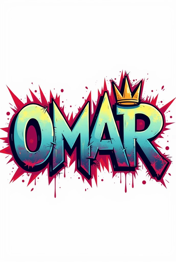 Make a graffiti with the word Omar with a crown on the ear and a white background
