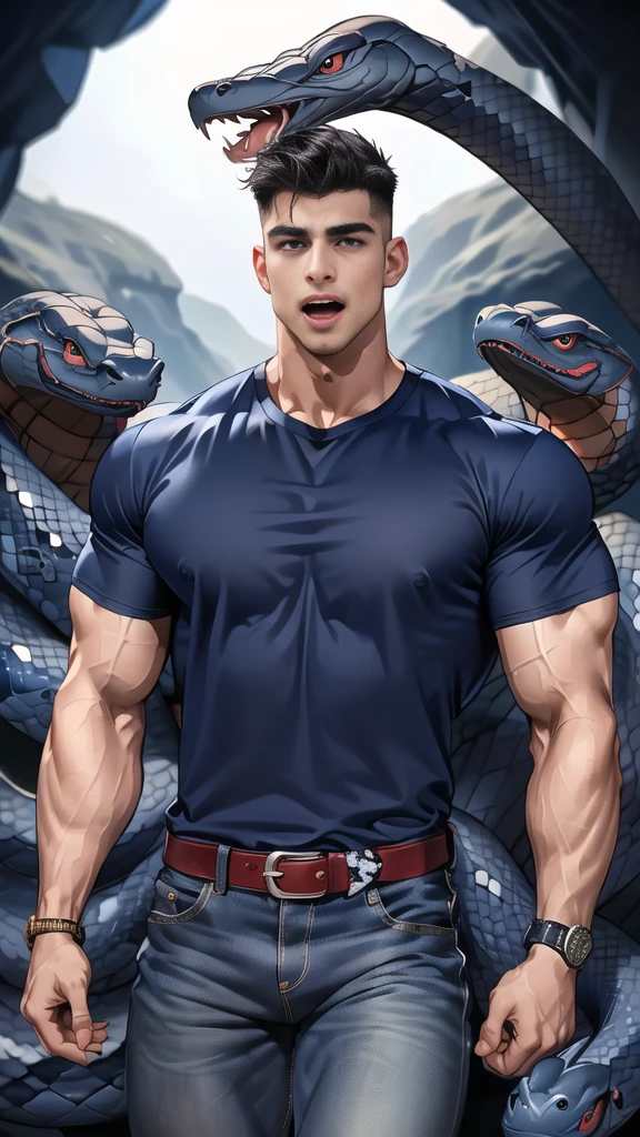 Handsome young man,(Open your mouth wide:1.3),(Thin mustache:0.8), alone, (Buzz cut:0.9), (Wear a navy blue t-shirt.:1.2),Blue Jeans,(Wear a black watch.),Korean people,chest muscles,large arm muscles,blood vessel,big muscles,Broad shoulders,(The audience was very excited.:1.4), (Snake Cave:1.4),(disgust:1.3),
