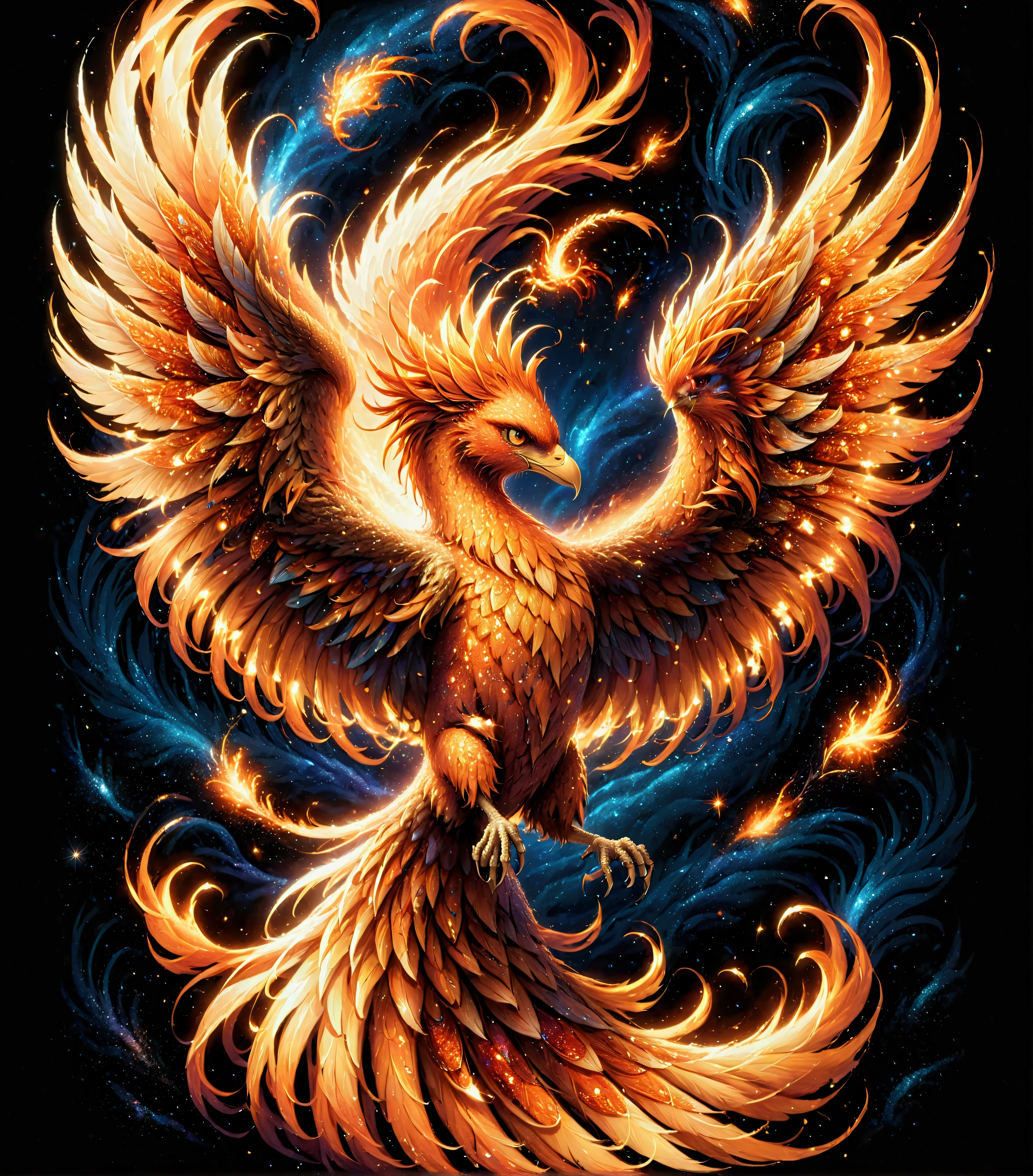 Illustration of a flaming phoenix flying through the night sky, burning phoenix, flying backwards scattering particles of flame, dark fantasy, high contrast, shimmering, shining, gracefully spreading wings, (mystical atmosphere), finely detailed phoenix wings, body outlined in red. painted in orange, Vivid contrast, accurate detail, high detail, shining contours, precision, high-quality oil painting, stunningly beautiful touch rendering, ral-glitter