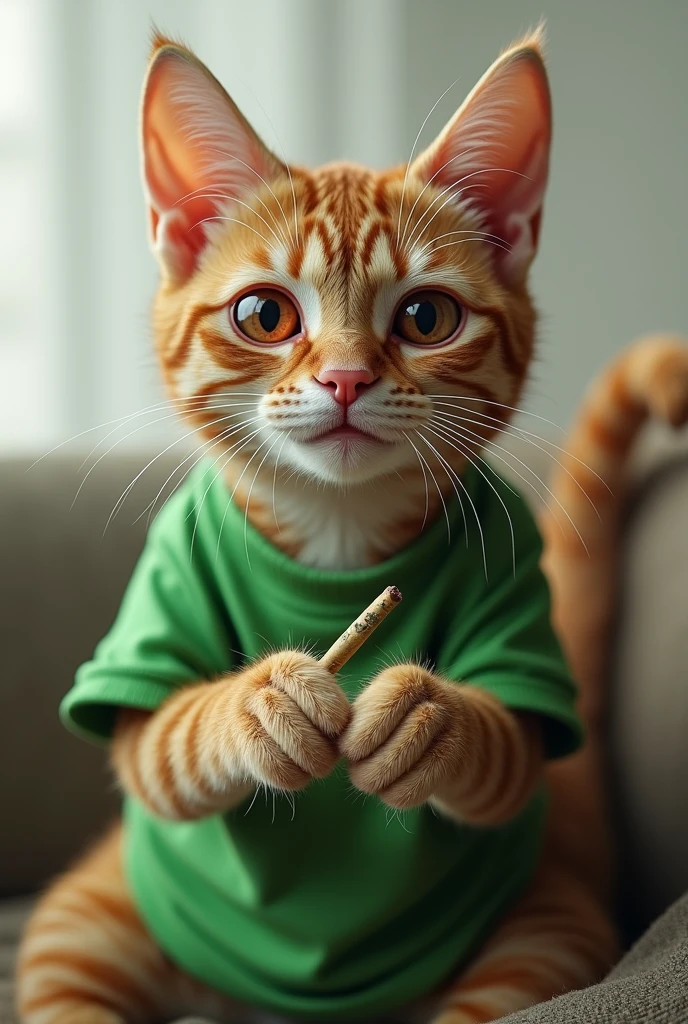 cat smoking ?????????,Red eyes,green shirt