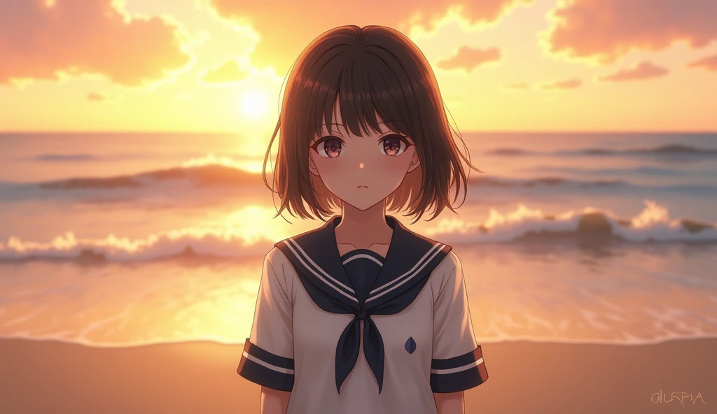 masterpiece, best quality, serious expression, looking at viewer, schoolgirl, on the beach, at sunrise