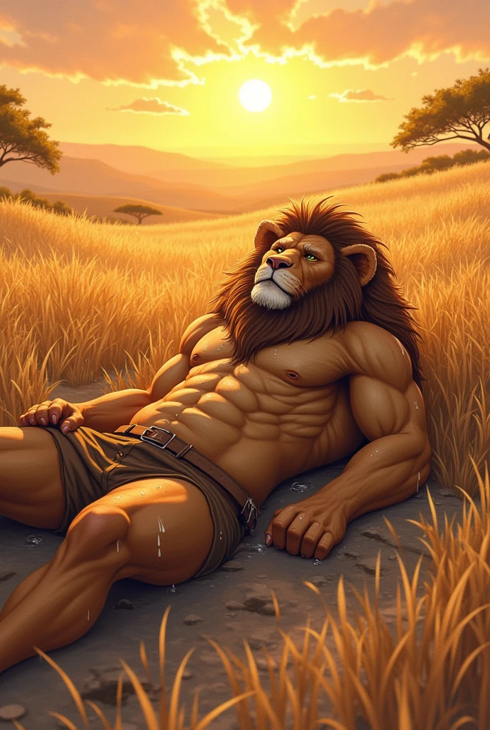 Detailed picture of a man anthro, (Lion, powerful body) streached at full length on he's back on the savanna, trending on Art Station, Ross Tran, ruan jia, foxovh, ((exhausted expression, get soaked, cartoon, composition from directly above