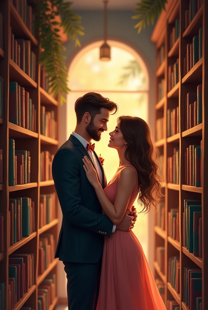 a beautiful couple in the bookstore looking at each other and smiling