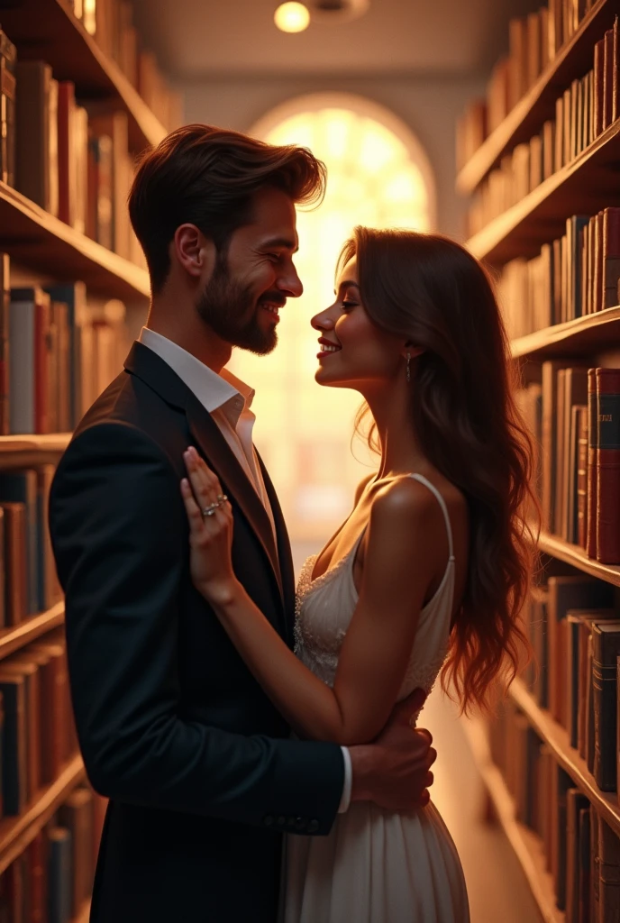 a beautiful couple in the bookstore looking at each other and smiling