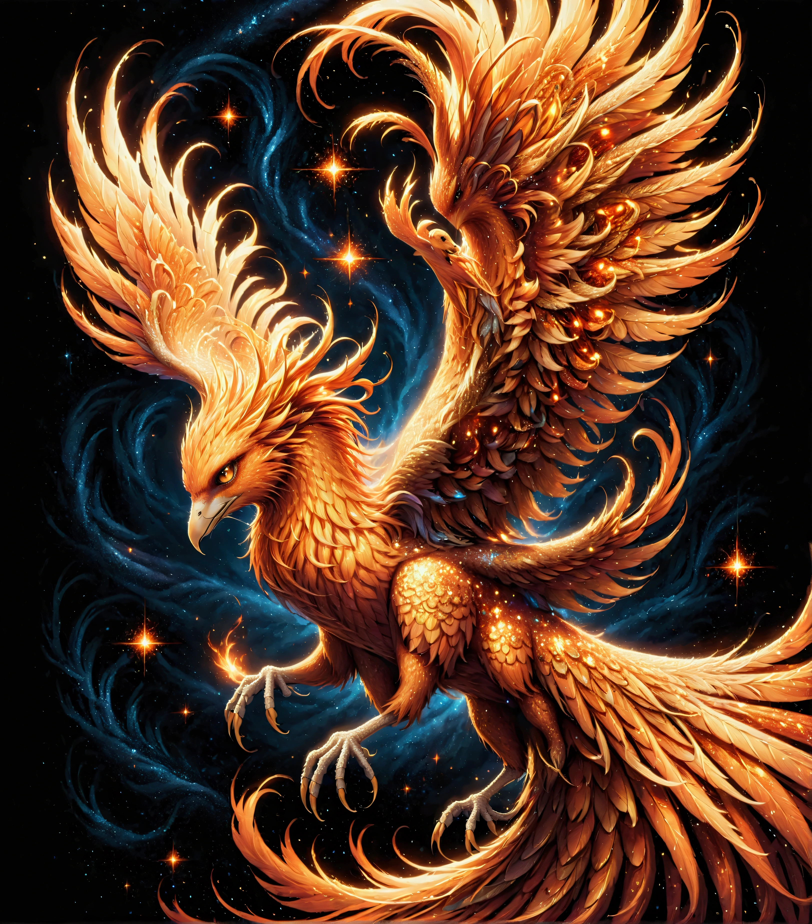 Illustration of a flaming phoenix flying through the night sky, burning phoenix, flying backwards scattering particles of flame, dark fantasy, high contrast, shimmering, shining, gracefully spreading wings, (mystical atmosphere), finely detailed phoenix wings, body outlined in red. painted in orange, Vivid contrast, accurate detail, high detail, shining contours, precision, high-quality oil painting, stunningly beautiful touch rendering, ral-glitter