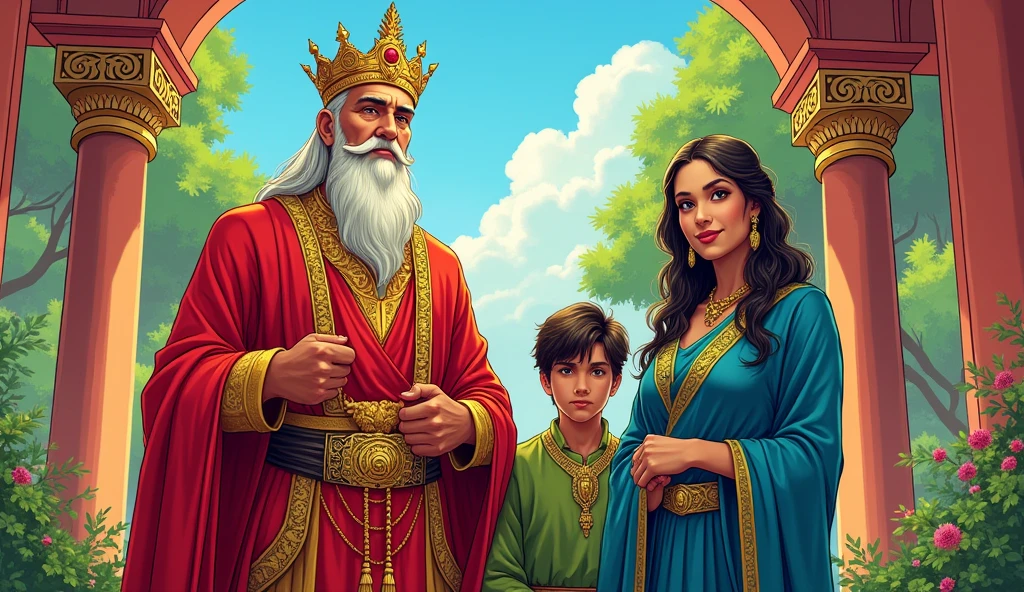 Colorful comic style - Illustrate a vibrant palace scene in ancient Gandhara. King Subala, an elderly man with a white beard and a golden crown, wearing red and gold royal robes, stands proudly. Next to him is Shakuni, a young prince with dark hair, wearing a green robe and looking determined. Gandhari, a beautiful princess with long black hair, is dressed in a flowing blue and gold sari, smiling softly. The background shows ornate pillars and lush green gardens, filled with bright colors to highlight the richness of Gandhara