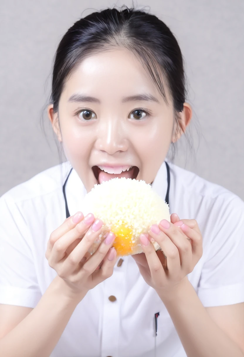 Image of a person holding a rice ball (rice ball) Open your mouth, Bring the rice ball to your mouth、Male student