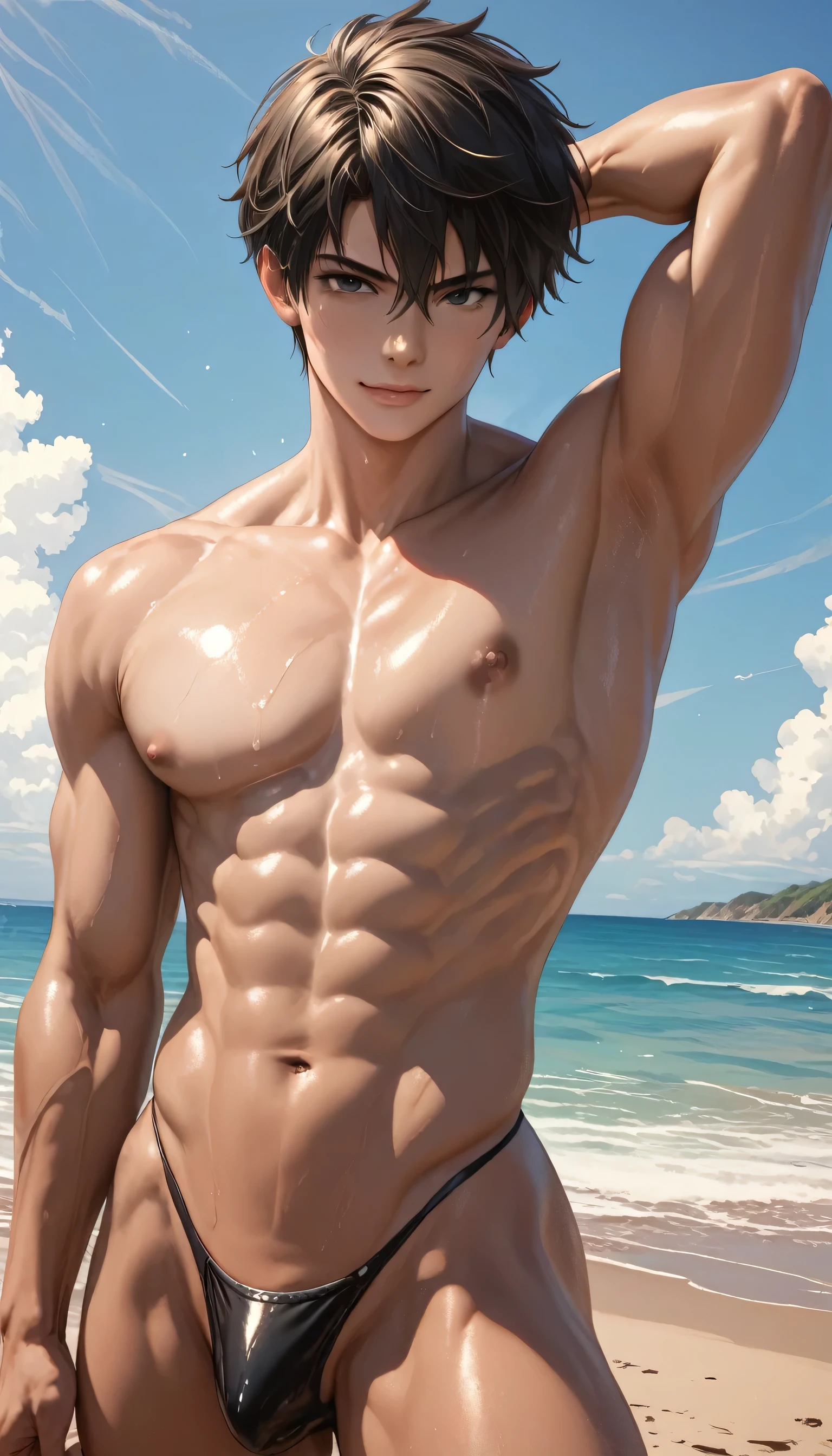 high quality, flexing, (dark skin japanese boy), (detailed black eyes), (black short hair), (muscle), (naked), (dark shiny skin), (detailed puffy nipples), looking at viewer, beach, (black thong), (smirk:0.8),