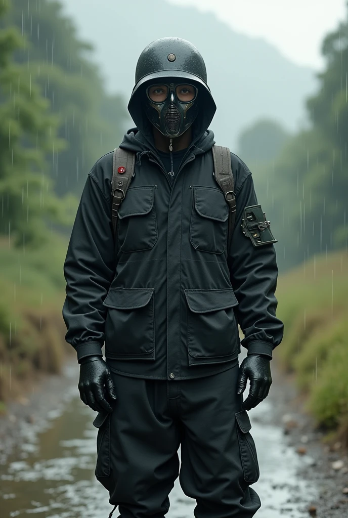 A man wearing a black cloth outfit, his face completely covered by an iron mask with glasses, wearing an M35 helmet, Wear a sun-protective jacket, Gloves and 2cm high heel women's boots.
The scene is in the middle of Huong Que, Sunny weather with light rain.