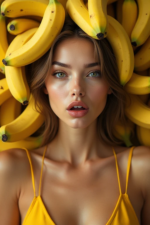 Real fruit banana、Covered from the head、Beautiful European woman with her mouth wide open。The background is full of bananas。9:In 16 sizes。With masterpieces of the highest quality