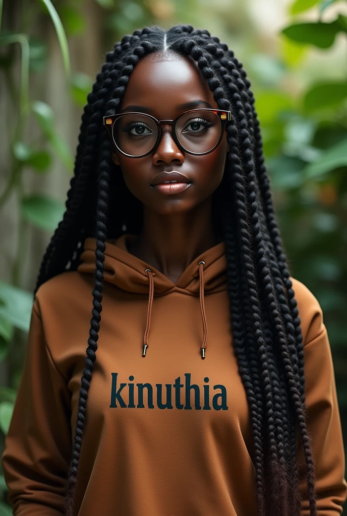 (photorealism:1.2), beautiful black African woman,22 years,baby face,sharp boobs, oily smooth shiny skin,smiling,wearing a fitting brown hoodie written "KINUTHiA",long braids, black oversized round photo chromatic glasses with grey lenses, standing , realistic indetails,plants in background.North west inspiration