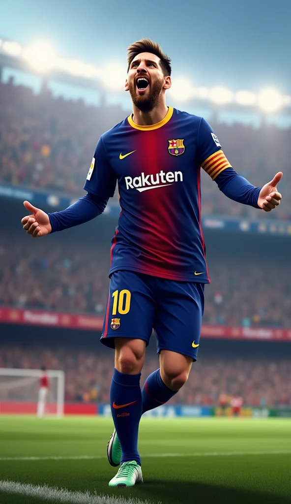 Photorealistic, 64K, A realistic lionel messi [wearing barcelona soccer jersey number 10] standing up celebrating his iconic celebration goal, perfect fingers, looking at camera, in stadium background