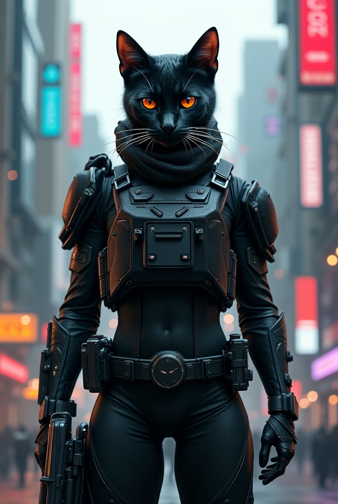 black cat with human body wearing high tech military gear