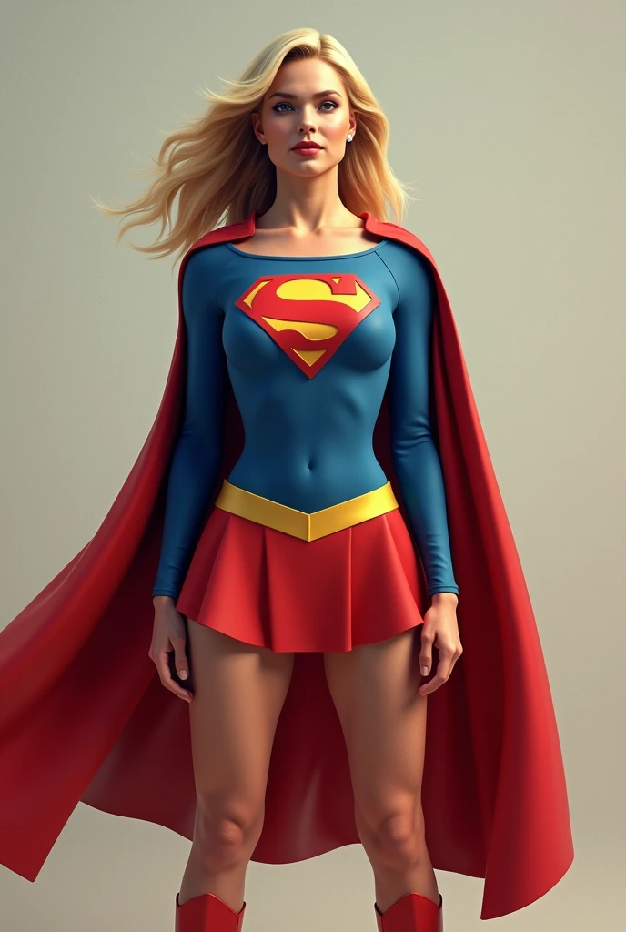 THE ORIGINAL 1950S SUPERGIRL WEARING THE FIRST1950'S SUPERGIRL COSTUME AND CAPE, HYPER REALISTIC.