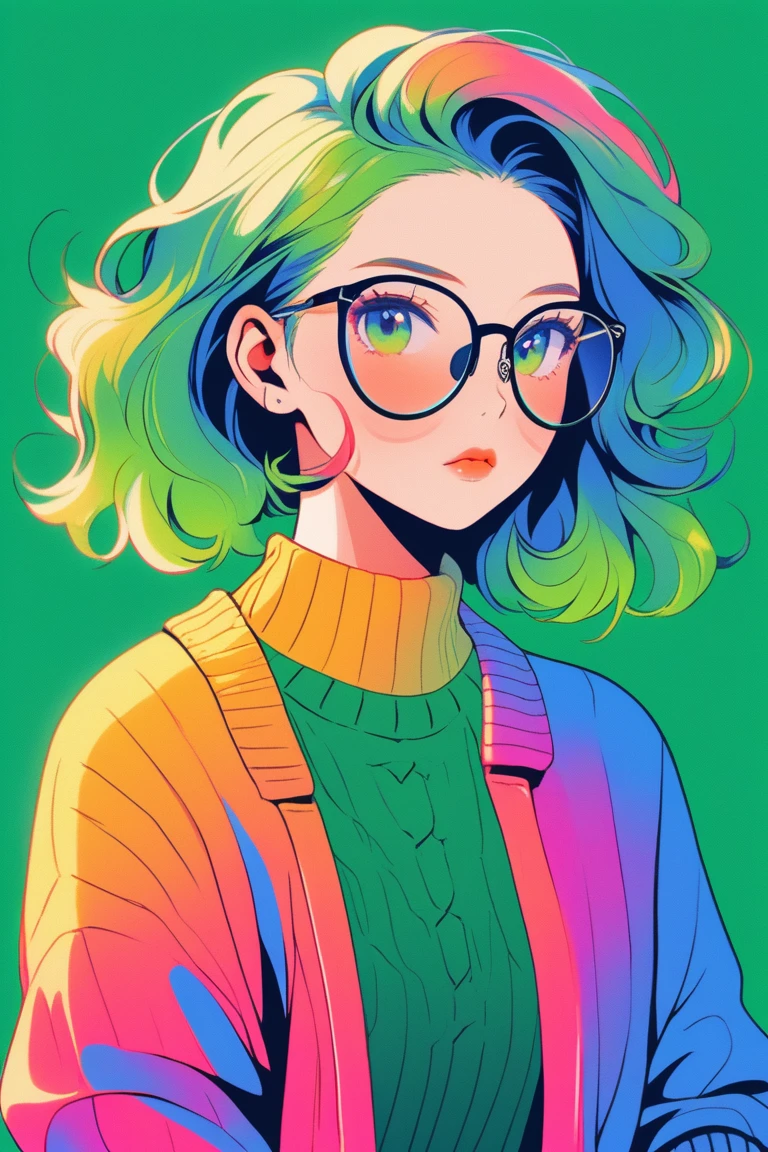 Illustrator, anime , Realistic ,sketch , 1 person, ,lip, sweater,order, Blue gradient background, Neon Hair,Texture Trim, Canadian, (masterpiece,Highest quality),Glasses、On the golf green