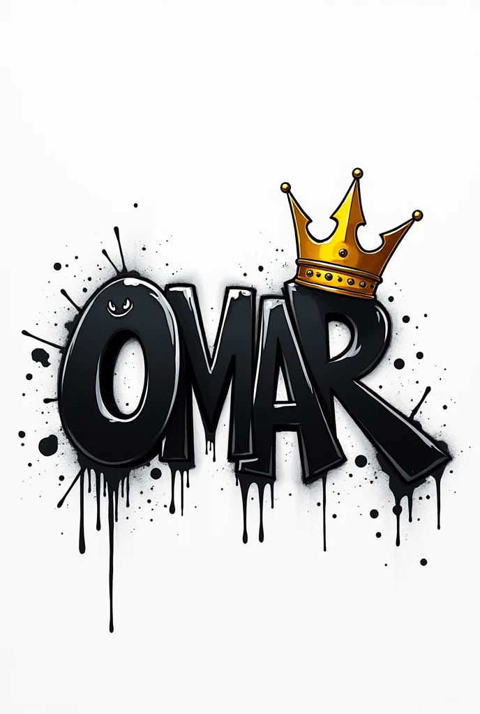 Make a graffiti in black with the word Omar with a crown on the ear and a white background