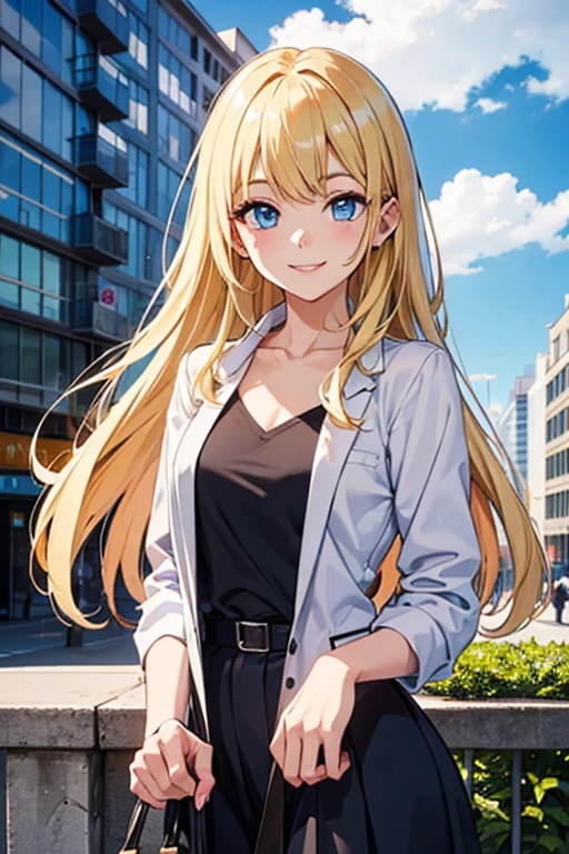 best quality, masterpiece, whole body, looking at viewer, blonde hair, Cool smile, girl, solo, Sky blue eyes smile, Cute face, high fashion, city