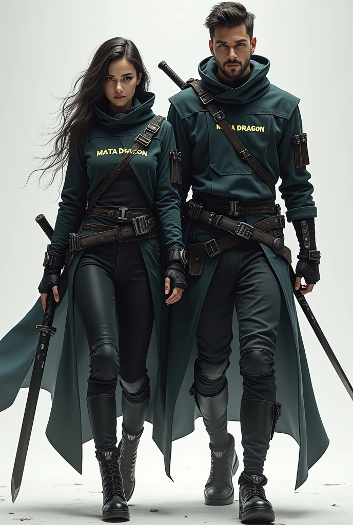 a male and female like ninja around age 20, female close her face, wearing tech cloak, slim body, female holding katana, male holding scythe. cyberpunk style. have big name tag, add Mata Dragon text on both of them, add Mata Dragon on cloak, female have bow on her back. both them walking toward camera.

