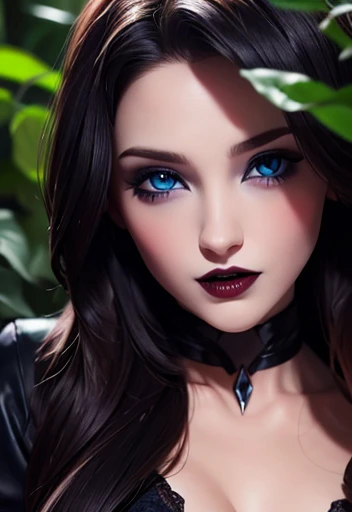 Close-up of a vampire, blue eyes, voluminous lips ,long fangs teeths , in its natural and wild environment, 