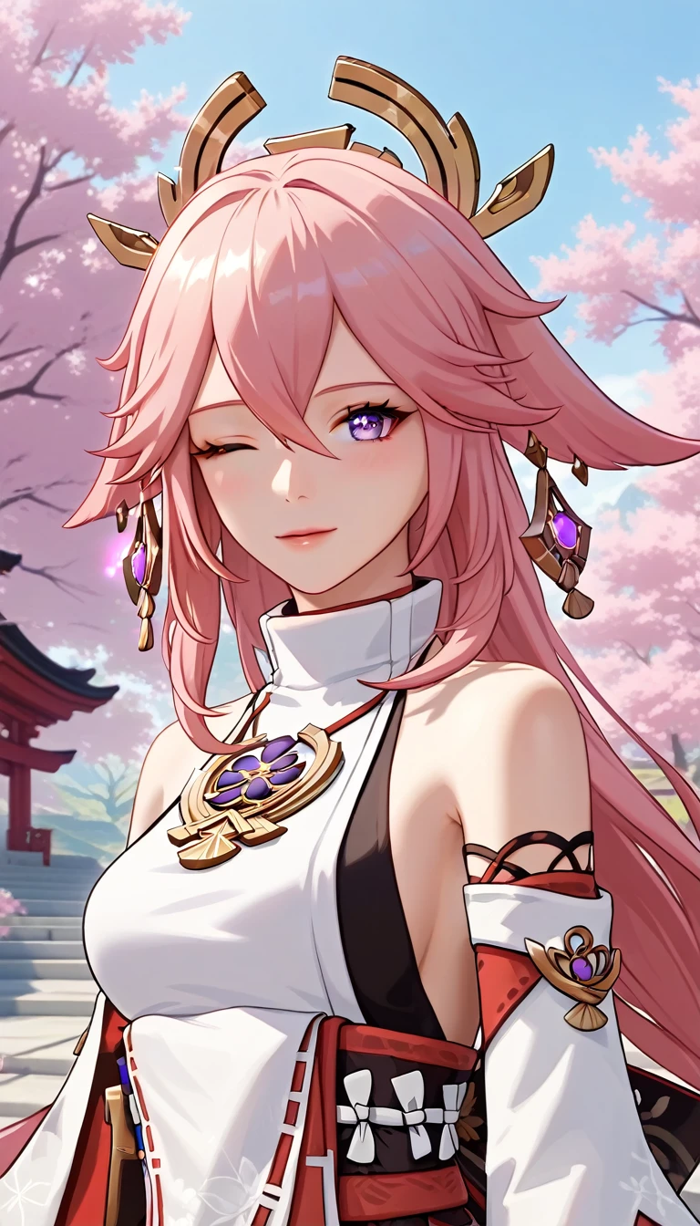 score_9, score_8_up, score_7_up,source_anime, high res image,masterpiece,(best quality:1.5),girl,cute face,clear skin,yae_miko_genshin,heart eyes, (upper body), (standing), (pink hair), jewelry, Earring, kimono, absurddress, Glowing skin, oil skin, ferpect lighting, detail face, detail eyes, detail skin, detail color, (Japanese temple background), outdoor, Tree, (looking at viwer), (One eye closed),