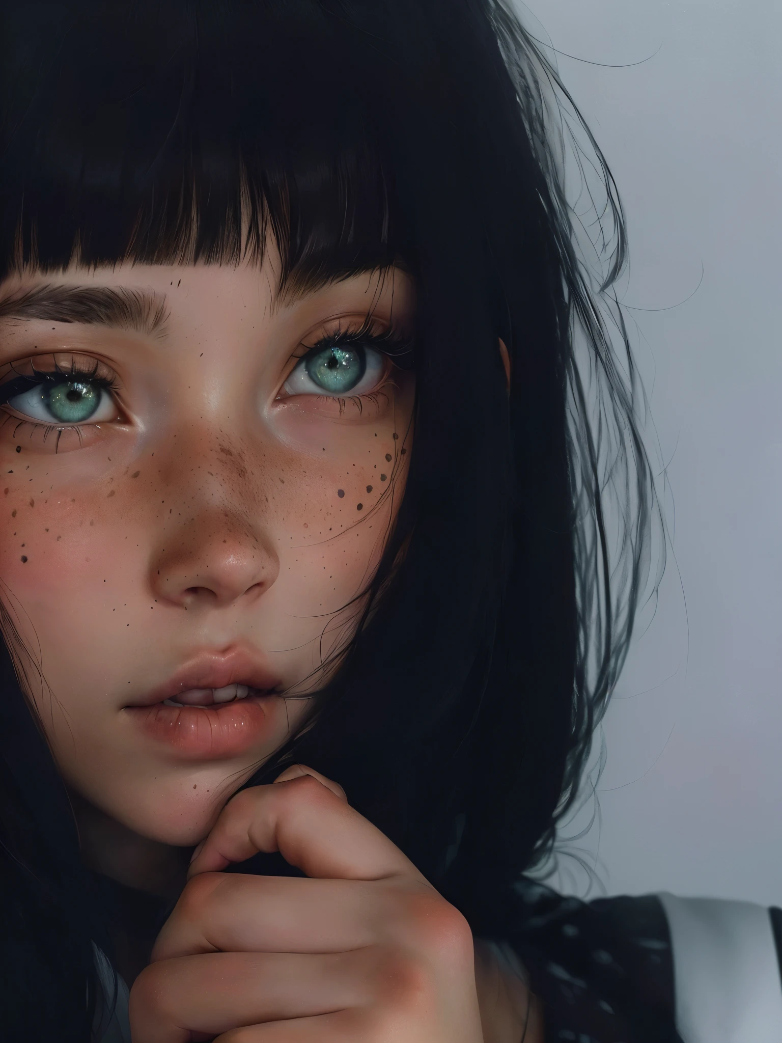 there is a woman with pecas on her face and a tattoo on her arm, with pecas, cute pecas, light cute pecas, soft pecas, pecas, rostro y ojos perfectos, Hermosos ojos y cara, light pecas, white pecas, cara pecosa, small pecas, pelo negro y ojos grandes, chica con ojos blancos, hint of pecas, sparse pecas
