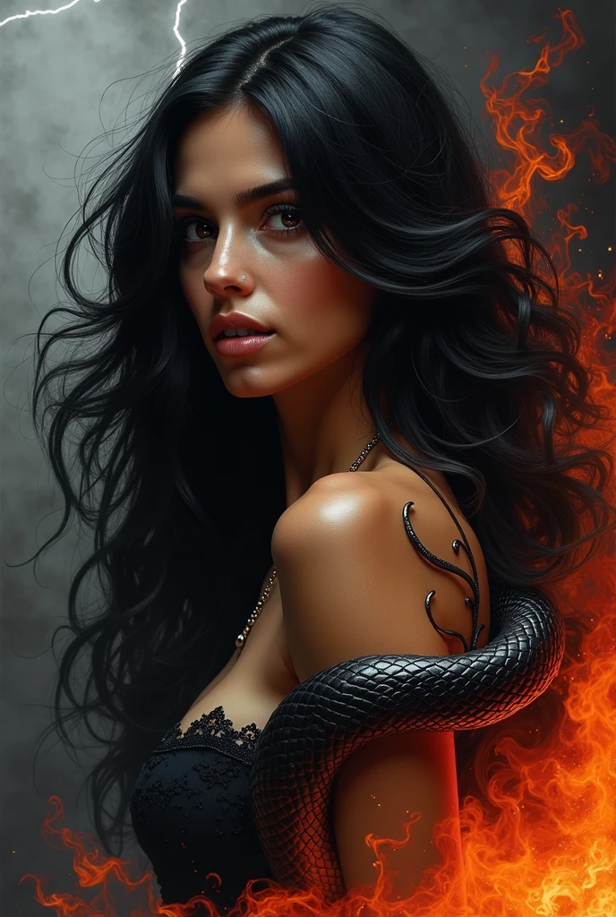(Masterpiece artwork, top-quality, best qualityer, offcial art, beautiful and seductive aesthetics:1.2), Brazilian woman, (face covered by hair) cabelo blackw comprido (1woman:1.2), fly away, Extremely Detailed,(resumlistum:1.4, Fractal Art:1.3),(silver_hair:1.1), Destiny \( series\), blackw, More Detailed, fire, , lightning, (splash_art:1.2), jewelly:1.4, Hanfu, Scenario, blackw e prata, black snake with red eyes, black and red smoke background. Only shows one side of the face
