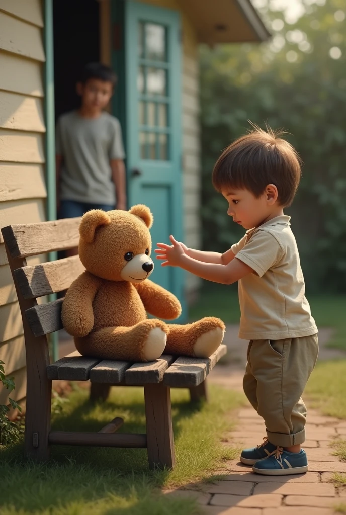 The father came and called the boy into the house. So the boy placed a brown teddy bear on a bench behind the house. and walked into the house with peace of mind